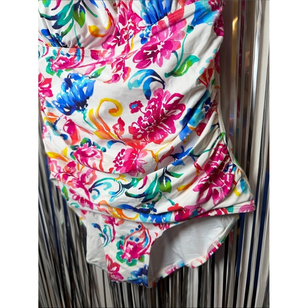 Anne Cole Womens Floral V-Neck Shirred One Piece Swimsuit White Multi Size 16 - Picture 5 of 8